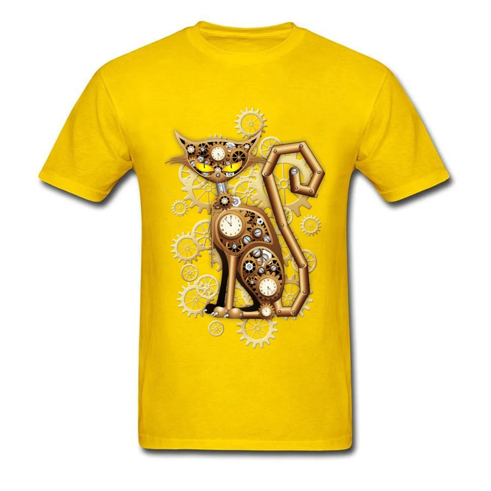 Family Steampunk Cat Vintage Copper Toy Tops T Shirt for Men Oversized Mother Day Round Neck Cotton Fabric T Shirts Tee-Shirts Steampunk Cat Vintage Copper Toy yellow