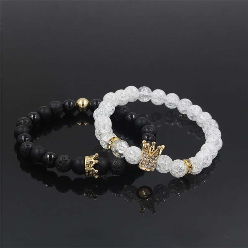 New 2Pc/Sets Natural 8/6mm Stone Beads Couple Bracelets for Women Micro Pave CZ Crown Charms Bracelet Men Jewelry Pulseras Mujer