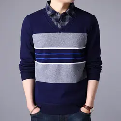 2018 Новый Повседневное рубашки поло мужчин masculino полосатый свитер поддельные 2 предмета зима толстый свитер мужские рубашки Twinset