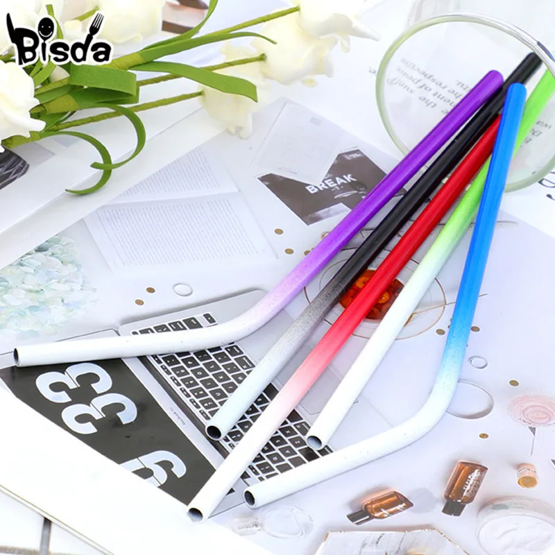 

50Pcs 6mm Straws Gradient Color Stainless Steel Drinkin Strraw with Cleaner Brush Metal Bar Accessories Tea Juice Party Tools