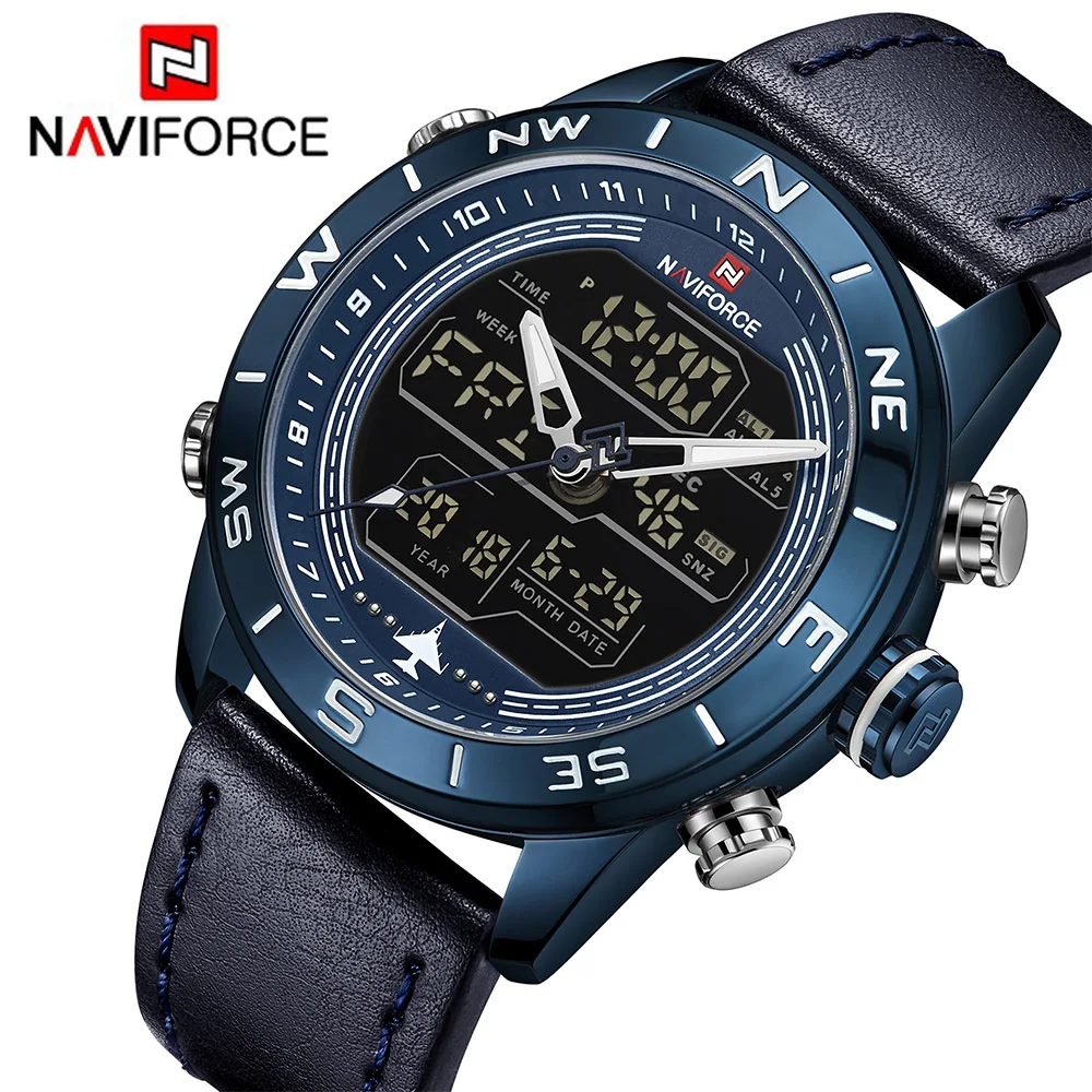 NAVIFORCE 9144 мужские часы кварцевые Светодиодные цифровые спортивные кожаные