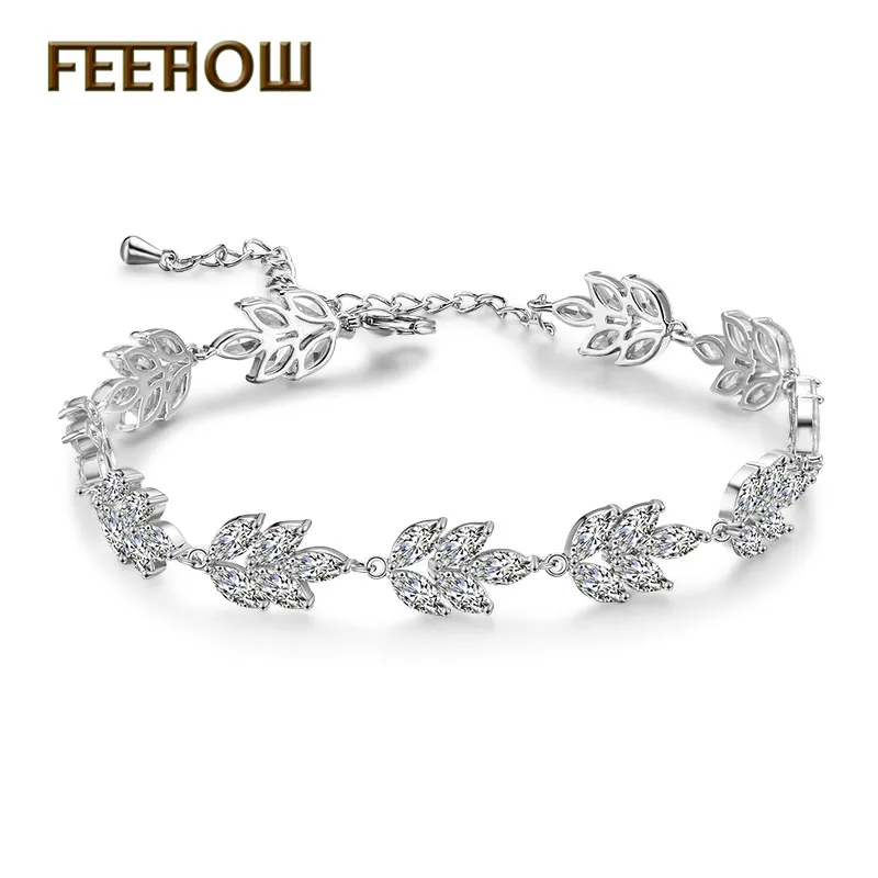 

FEEHOW Summer Design Shiny CZ Zirconia Leaf Shape Chain Link Bracelets for Women Fashion Wedding Party Jewelry FWBP2117