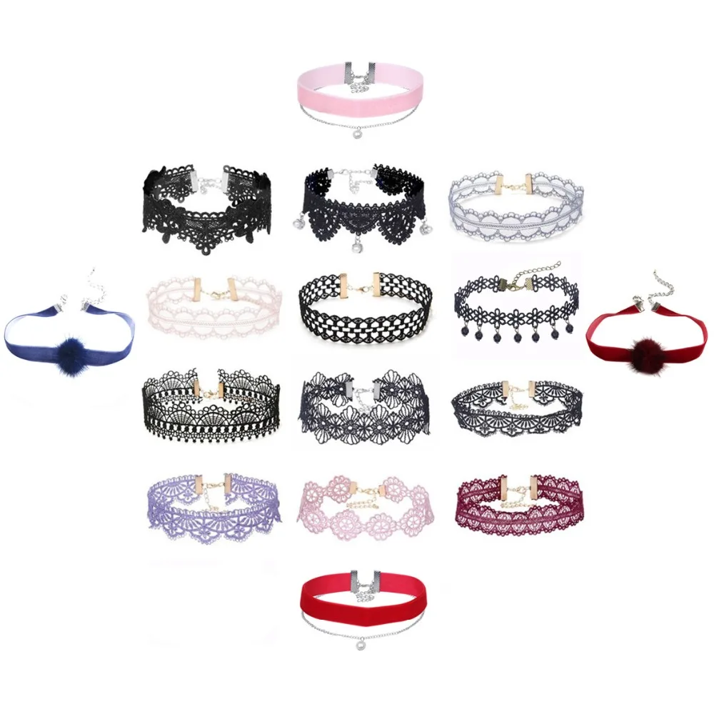 

16 Pcs 2017 New Arrival Fashion Chokers Set Velvet Lace Flower Choker Necklace Beads Fur Ball Pendant Necklaces Flower Collars