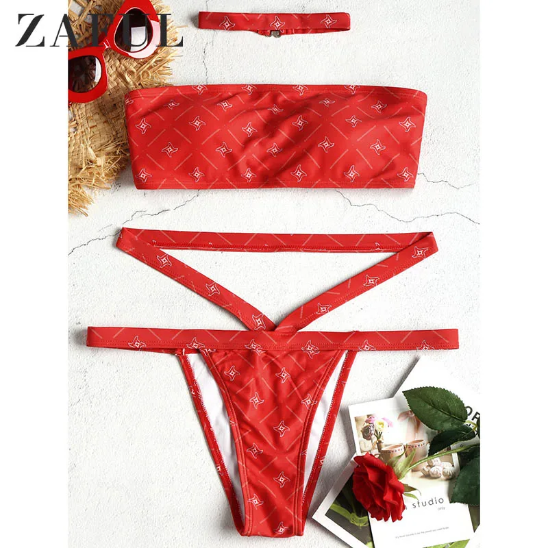 

ZAFUL Printed Lace-Up Choker Bikini Set Women Sexy Brazilian Beach Swimsuit Female Swimwear Bathing Suit Biquinis 2019