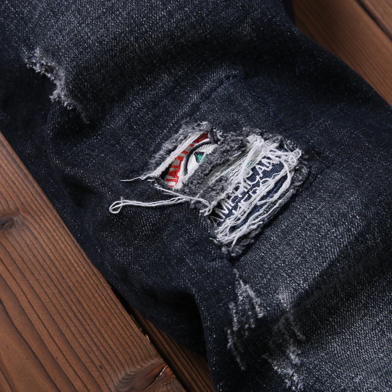 Mince Longueur Pleine Déchiré Vintage Épissage Pantalons Denim Trous D'été Pantalon Hommes Jeans Droite Moto Noir FqEZZw