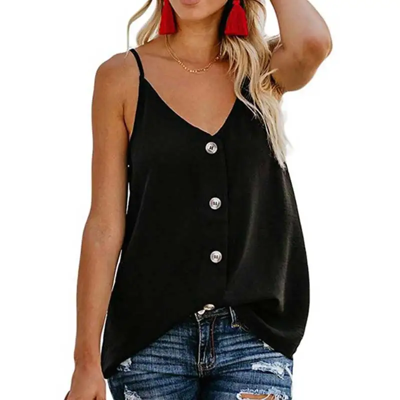 

2019 Casual Sexy Solid Color Sleeveless V-neck Button Vest Top Women Summer Fashion T Shirt Ladies Polyester Tops Women Clothes