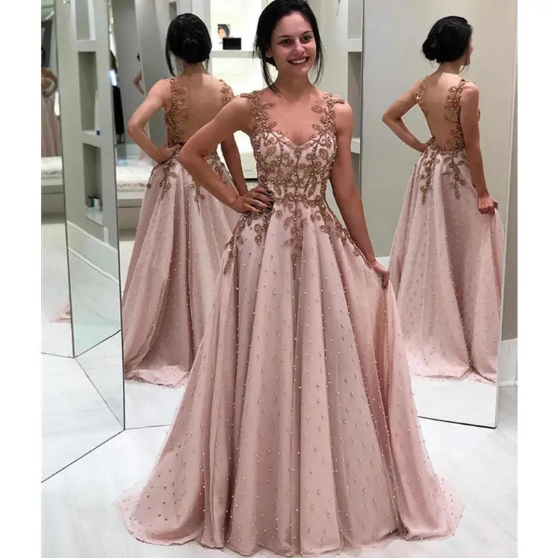 Robe De Soiree Sexy Beaded Evening Dress Long Elegant Lace Appliques Evening Gowns Illusion Backless A Line Formal Party Dress