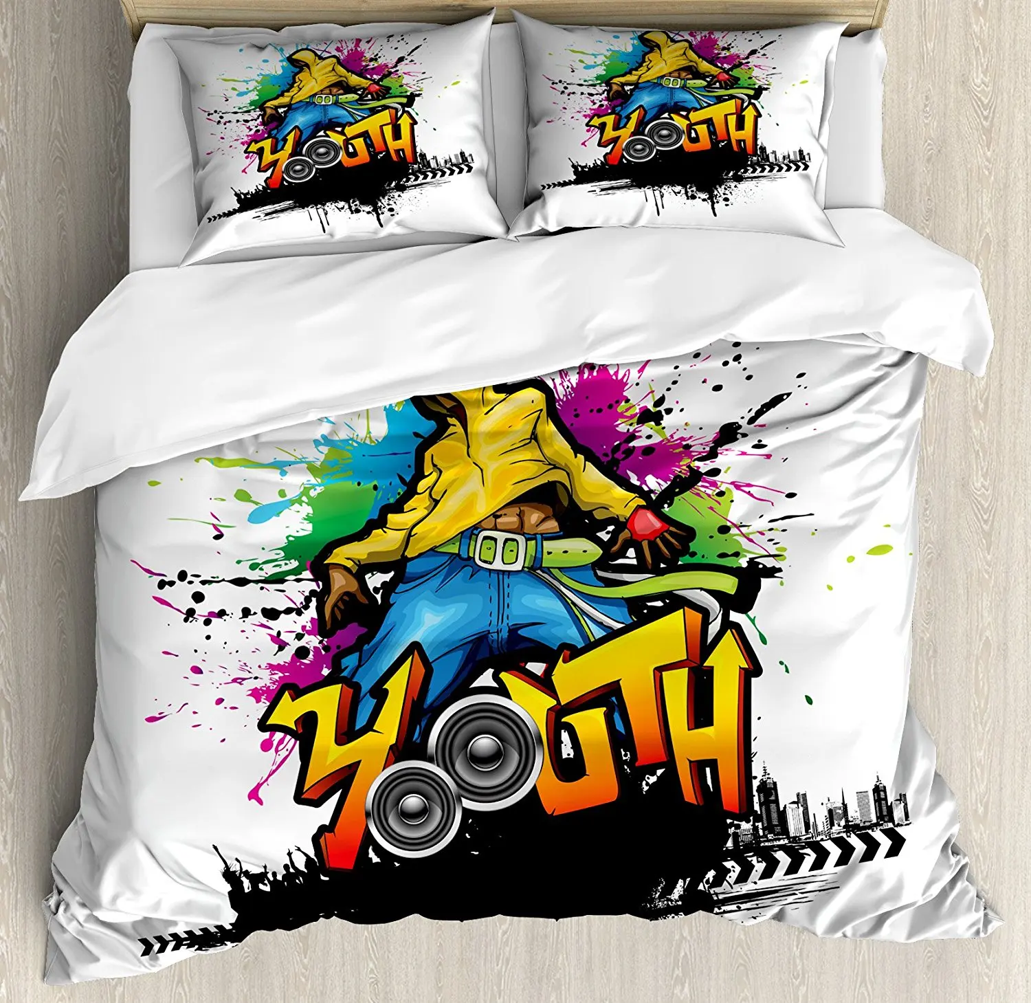 Youth Duvet Cover Set Young Man Hip Hop Culture Graffiti Art and Street