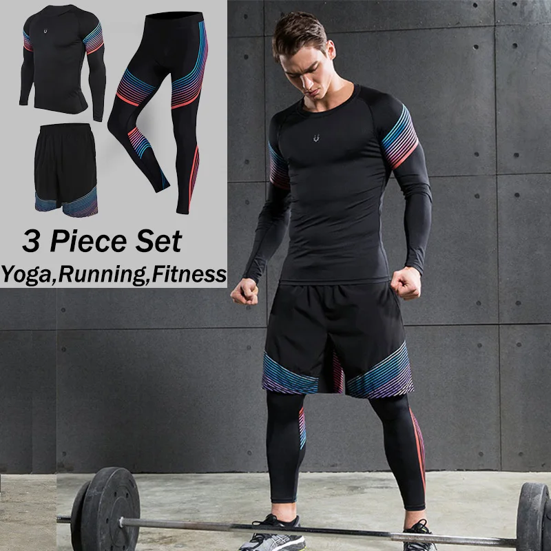 ФОТО 3 Piece Set Men's sports running stretch tights leggings+t shirts+shorts training pants jogging fitness gym compression suits