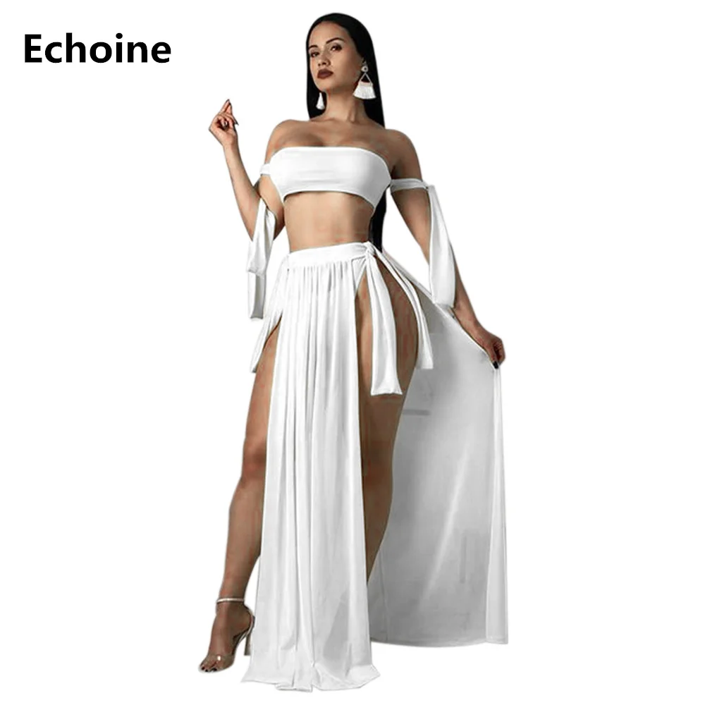 

Woman Beach Wear 3 Piece Set Swim Suit Sexy Bandage Summer Bathing Suit Swimwear Strapless Crop Top Lace Up Long Split Skirt