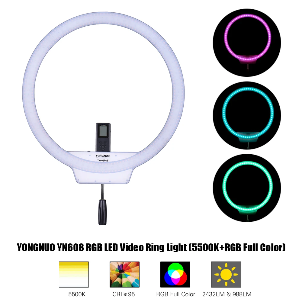 YONGNUO YN608 RGB светодиодный кольцевой светильник для фотосъемки видео светильник RGB полноцветный с пультом дистанционного управления для видео селфи макияж Live