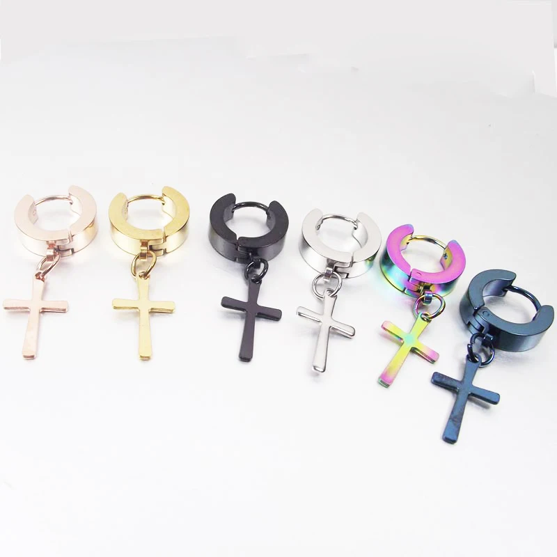

2pcs Free Shipping Rose Gold Fashion Punk Stainless Steel Cross Stud Earring Huggie Piercing Jewelry For Men Women