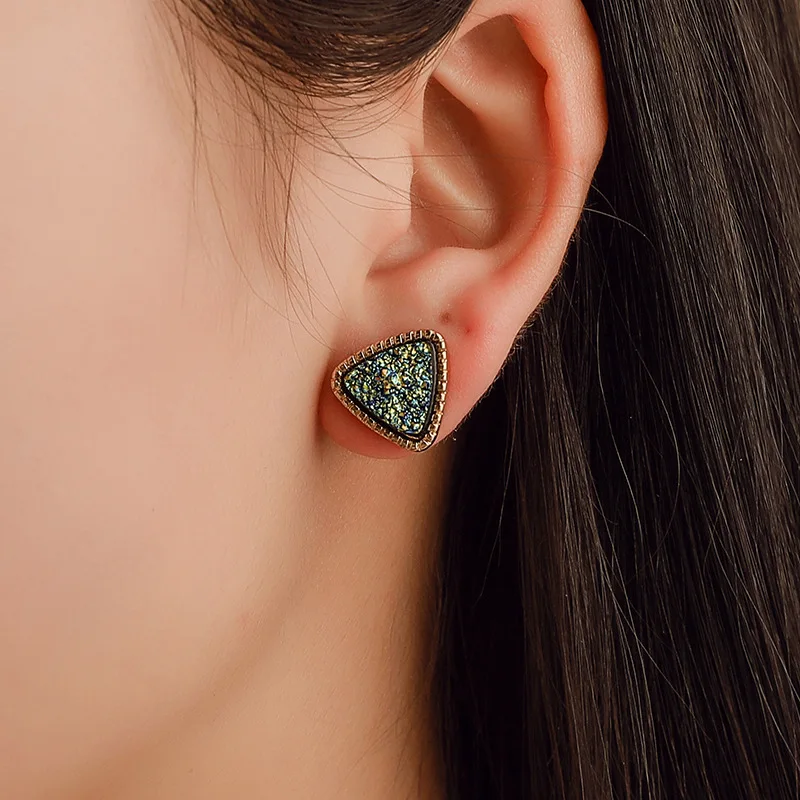 

New Spain Triangle Earrings for Women Geometric Small Earring Fake Druzy Stud Earing Fashion Jewelry for Girlfriend Gift E211