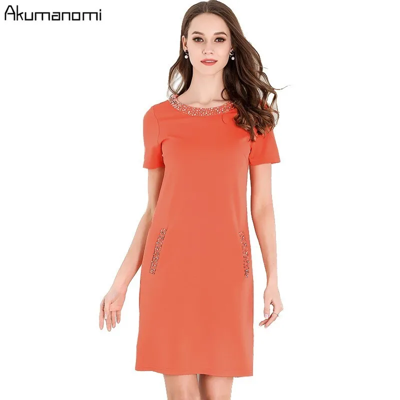 

Summer Dress Women Clothing Black Red Beading Diamonds O-neck Short Sleeve Mini Pocket Dress Plus Size 5XL 4XL 3XL 2XL XL L M