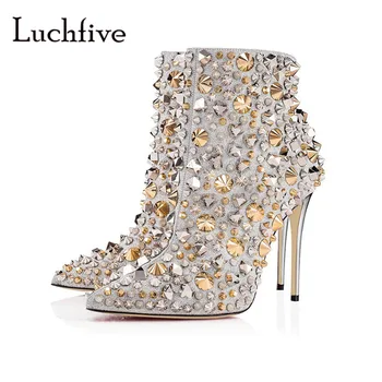 

Sexy blingbling rivets winter boots for women thin high heels pointy toe short boots black silver zipper fashion botas feminina