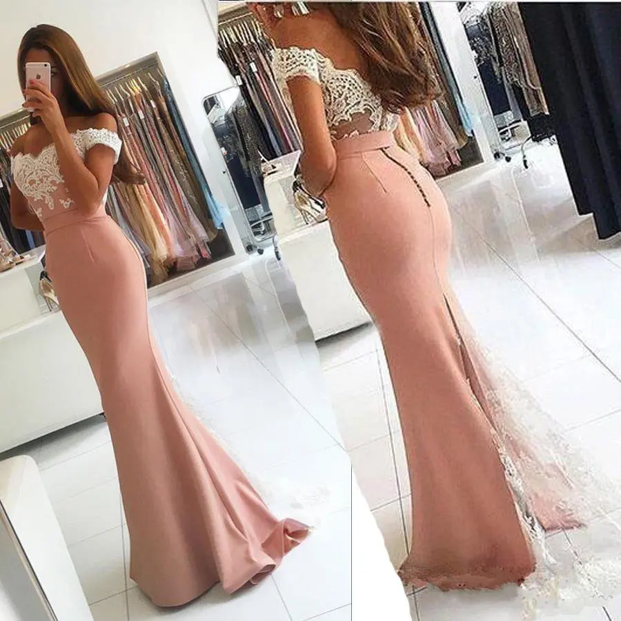 

Robe de soiree Off The Shoulder Pink Lace Evening Dresses 2019 Sexy Back Applique Evening Dress Formal Party Gown