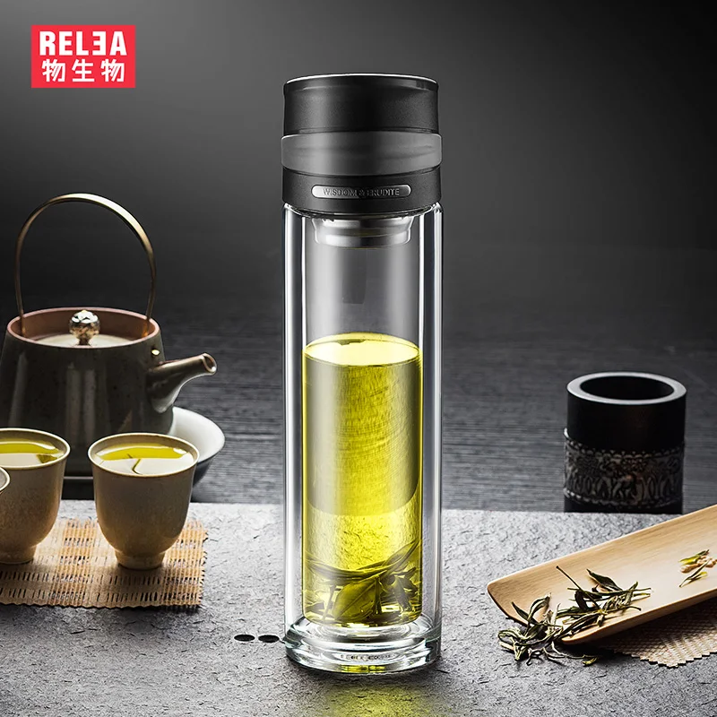double layer crystal flask Tea Infuser Glass Tumbler Heat Resistant borosilicate Glass Bottle