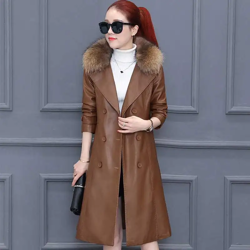 Veste Élégant Manteau Nouvelles Hiver Col Faux 2019 Pr420 Moyen Slim black Femmes De Cuir Pu Mode Fourrure Long Chaud Survêtement Brown T3FKl1Jc