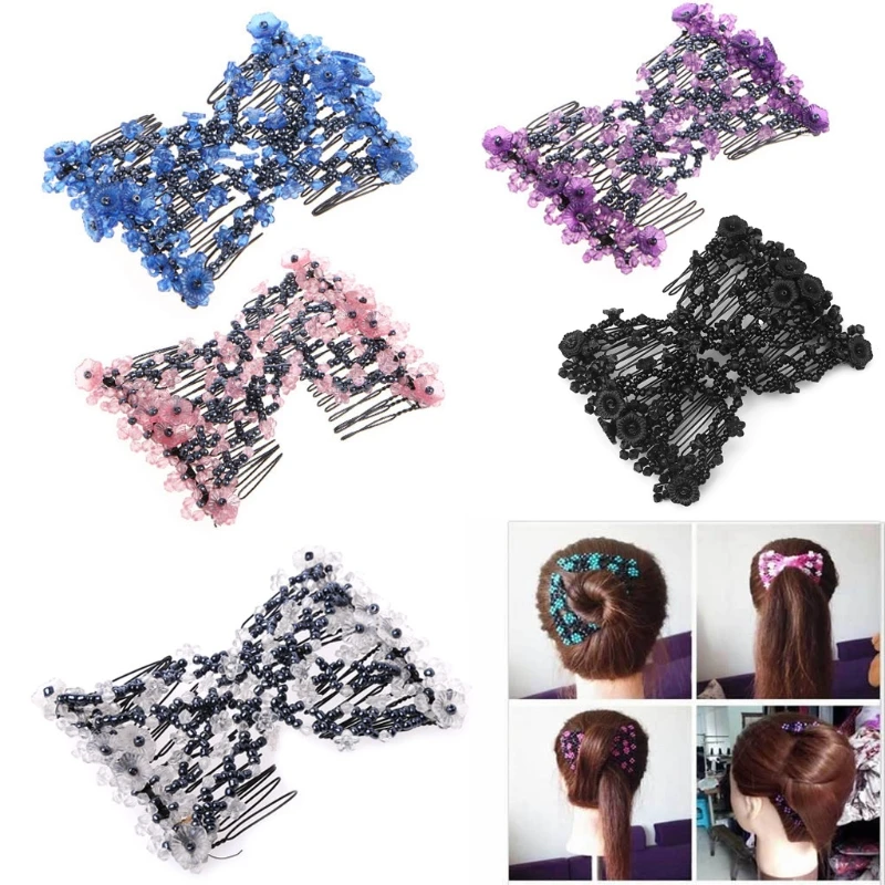 

Double Fashion Hair Comb Magic Beads Elasticity Clip Stretchy Hair Combs Clips