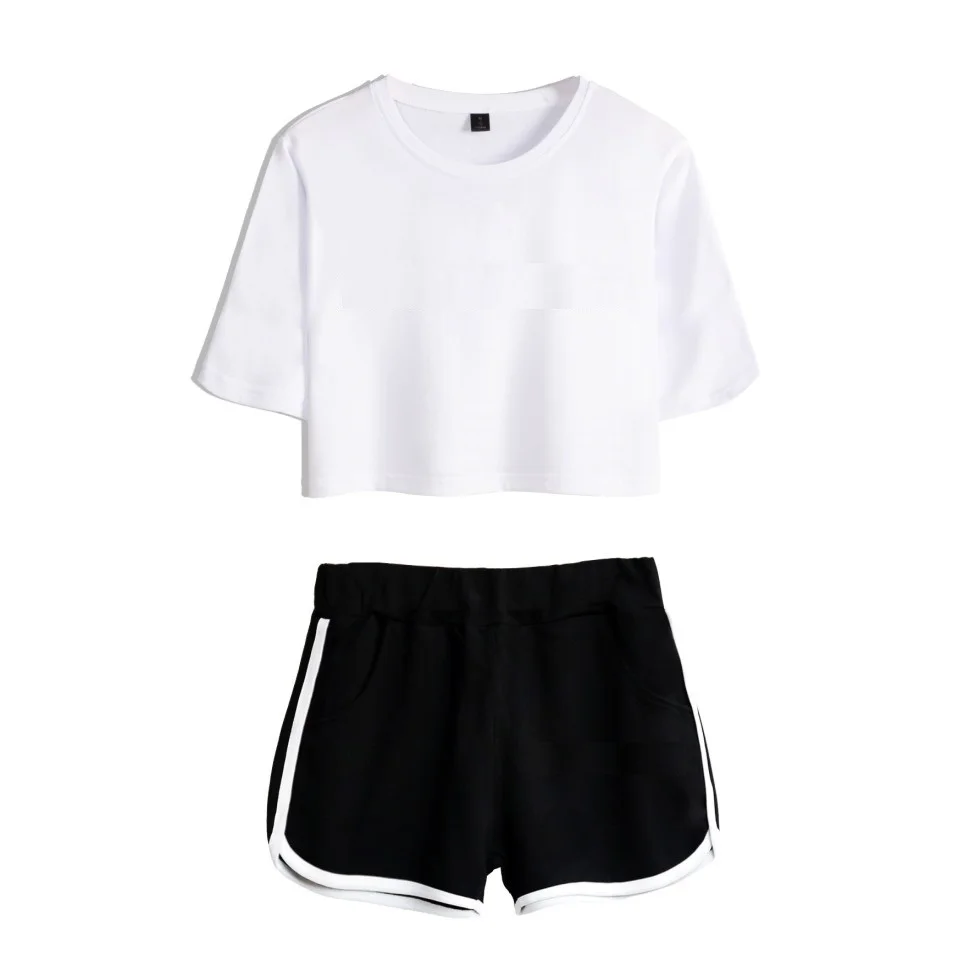 Дропшиппинг DIY Пользовательский логотип комплект из двух предметов женский хлопковый укороченный топ и шорты Kpop сексуальный пупок укороченная футболка костюм Лето - Цвет: white2 Solid color