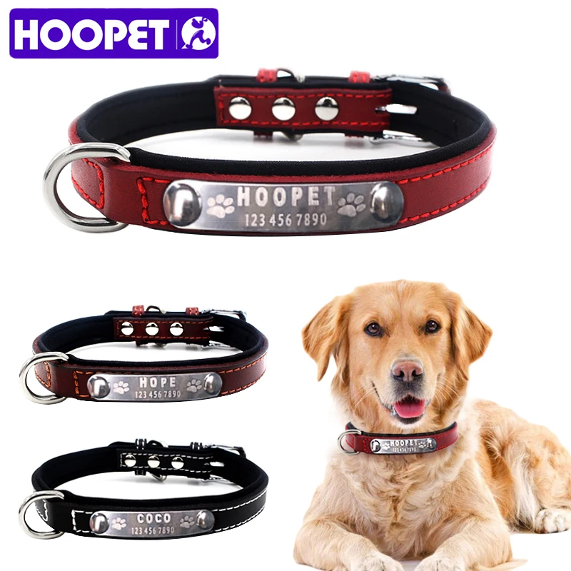 HOOPET Dog Collars Personalized Custom Leather Name ID Tags For Small
