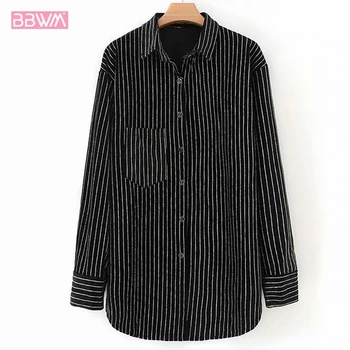 

Autumn 2018 new Korean version of the retro loose long-sleeved shirt women's long casual shirt Black striped lapel feminine shir