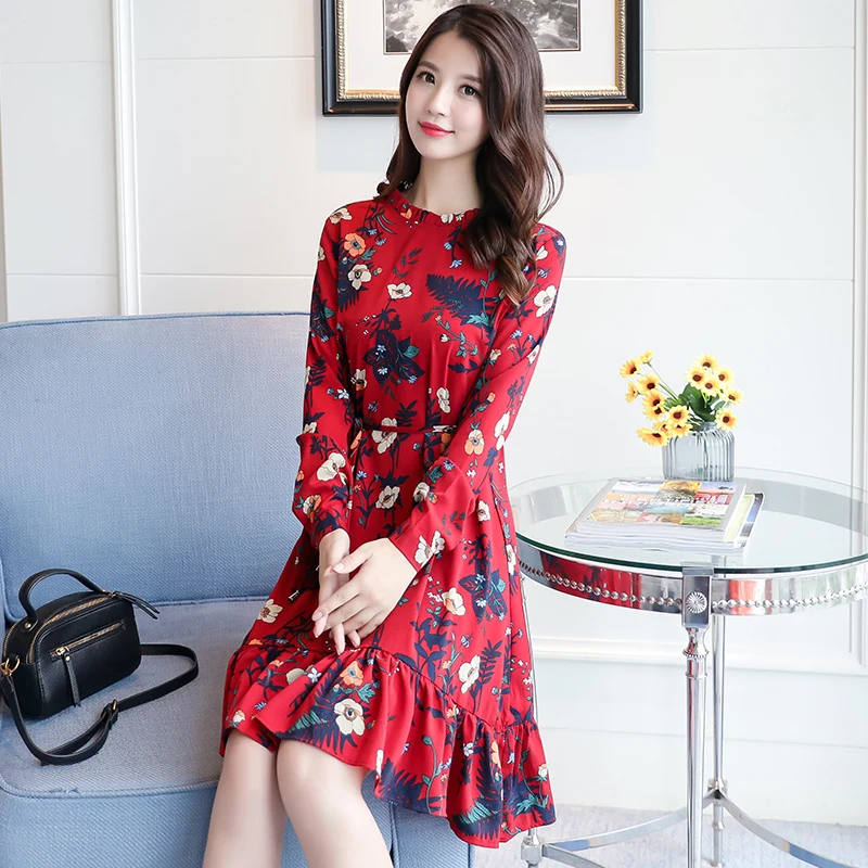 

Red,Black Flower Korean Dress 2018 New Women Long Sleeve Floral Print Dress Mori Girl Chiffon Dresses Ruffles