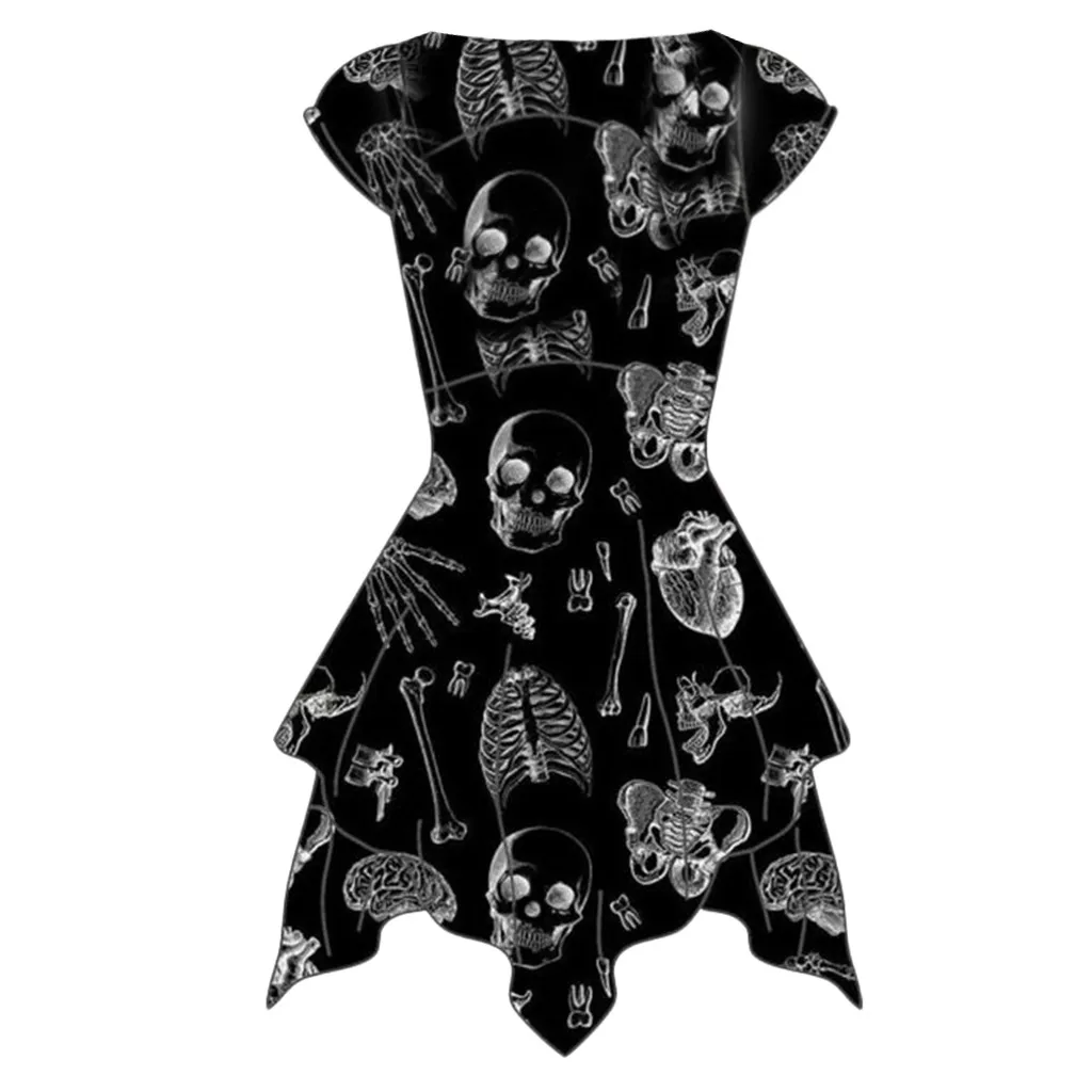 

feitong Women's Summer Dress 2019 V-neck Short Sleeve Sexy Skull Print Slim A-line Beach Dress Woman Party Night Vestidos Mujer