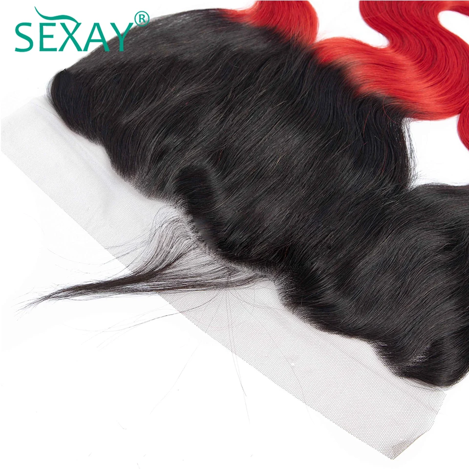SEXAY Омбре человеческие волосы пучки с фронтальным не Реми волосы плетение 1B/красные темные корни Бразильская волна тела с 13x4 фронтальными