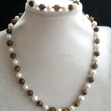 Пресноводный жемчуг Белый Круглый и желтый глаз тигра круглый ожерелье из ограненных камней браслет 1" FPPJ