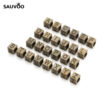 

SAUVOO 26pc/lot Antique Bronze Color Letter Bead Charms A-Z Signs 3D English Alphabets Letters 5mm Hole Cubic Beads Connectors