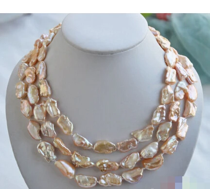 

Free shipping@@@@@ P4239 3row 20mm PINK BAROQUE KESHI REBORN biwa PEARL NECKLACE