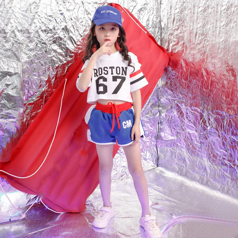 Children Girls Crop White top shorts Street Dance Costume Hip Hop Jazz Dance Clothing Set Stage Performance Dancewear 4-18 years (8)