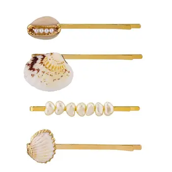 

4Pcs/Set Ocean Style Metal Alloy One Word Hairpin Women Girl Summer Sea Shell Imitation Pearl Hair Clip Jewelry Beaded Barrettes