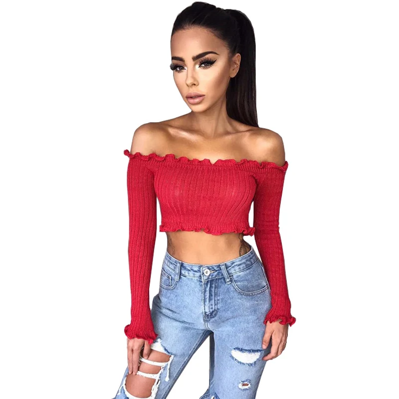 

Sexy Off the Shoulder Tops for Women T Shirt Female 2018 Spring Summer Fashion Long Petal Sleeve Crop Top Tees Cotton T-Shirt