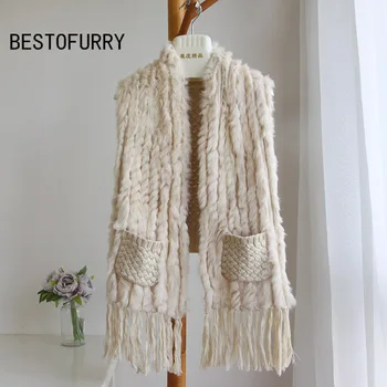 

Women Casual Pockets Tassel Genuine Knitted Rabbit Fur Shawls Real Fur Capes Coats