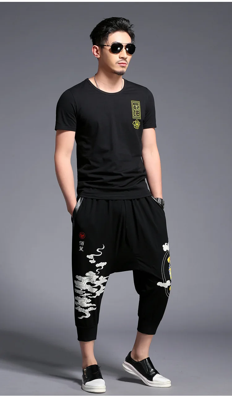 Корейская модная одежда 3/4 длина брюки с принтом дракона Мужские повседневные шаровары Хип-хоп спортивные штаны треники из хлопка мешковатые спортивные штаны