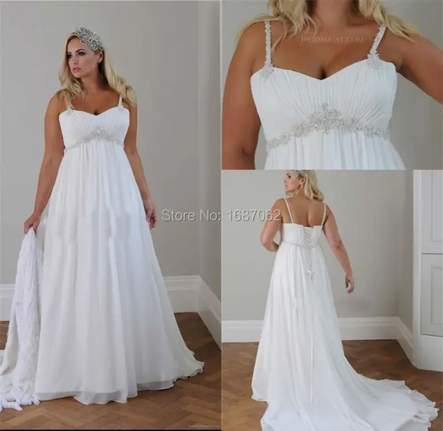 Plus Size Beach Wedding Dresses Spaghetti Straps Pleats Chiffon