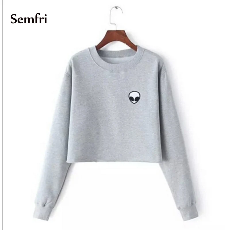 

Semfri Women Fleece Aliens Printing Hoodies Sweatshirts Harajuku Crew Neck Sweats Clothing Feminina Loose Short Sweats Warm