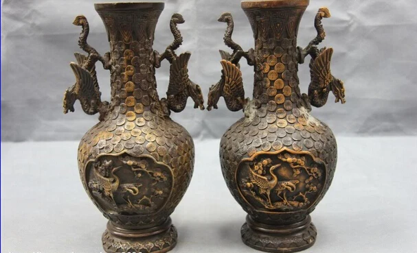 SCY Collectible bronze lion statue S0948 China Royal Copper Bronze Lucky Fly Dragon red crown crane Bottle Pot Vase Pair B0403 | Дом и сад
