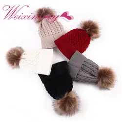 WEIXINBUY/для новорожденных крутая зимняя шапка мех животных мяч Pom кепки Дети для девочек и мальчиков вязаные шерстяные шапки s Хемминг