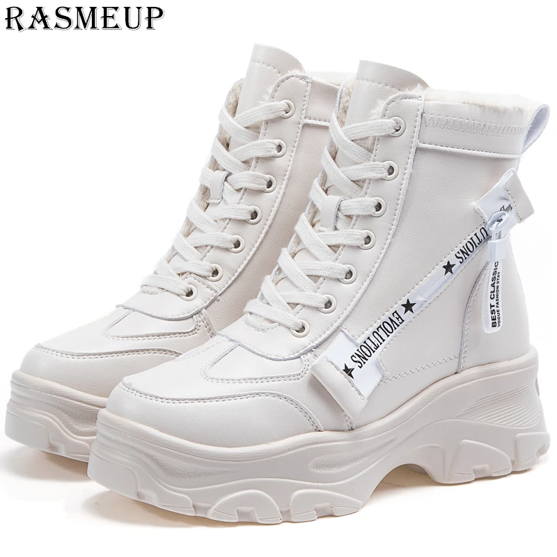 Najtaniej RASMEUP skórzane damskie grube buty zimowe grube futro ciepłe kobiety platformy trampki 2019 moda walki Boot kobieta Martin buty