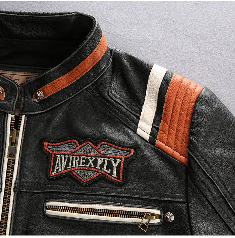 Мужская куртка для мотоциклистов из натуральной коровьей кожи, винтажная куртка с воротником-стойкой и вышивкой, кожаная куртка для мотоциклистов из воловьей кожи