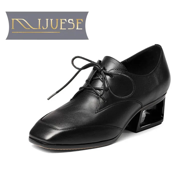 

MLJUESE 2018 women pumps Genuine leather autumn spring lace up square toe autumn spring high heels women size 34-43