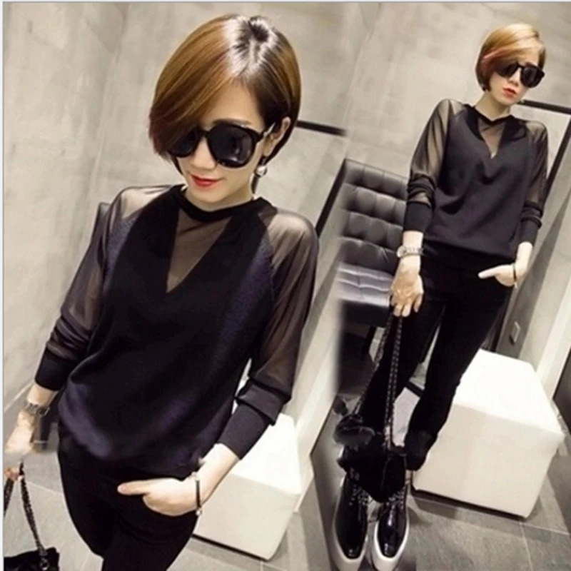 

Women Sexy Splice Long Sleeve Tops Mesh Shirt Casual Mesh Top T Shirts Solid Slim View Through Ladies Shirt Pullover Tees