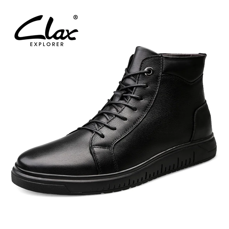 

CLAX Mens Winter Boots Fur Black Leather Shoe Male High Boot plush Warm Snow Shoes Casual Leather Footwear Genuine Leather