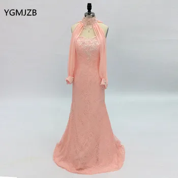 

Elegant Pink Lace Evening Dresses 2019 Mermaid High Neck Long Sleeves Pearl Women Formal Prom Evening Gown robe de soiree longue