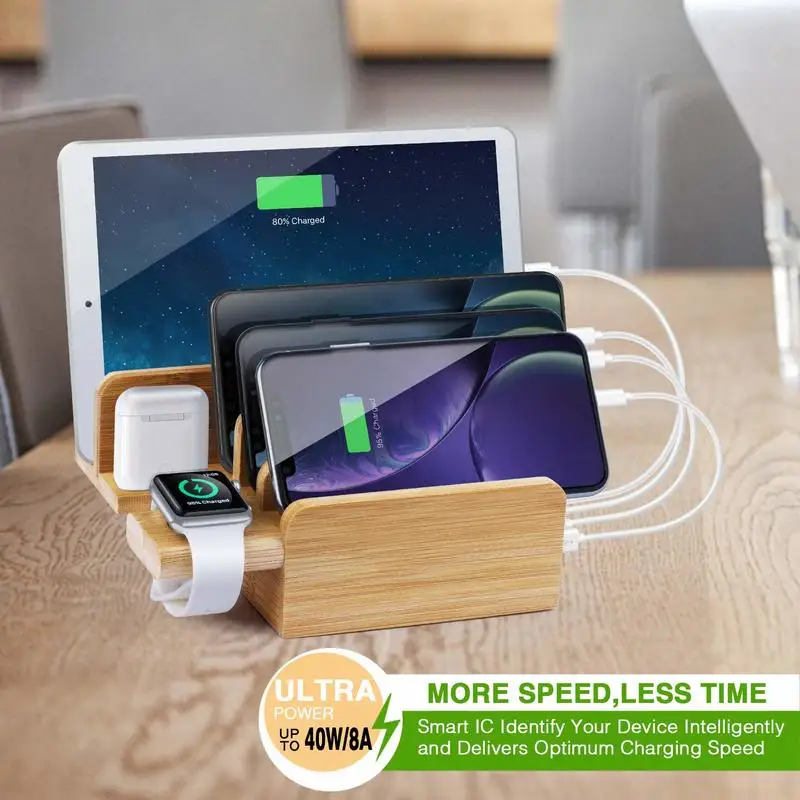 

6 In 1 Bamboo Charging Station for Multiple Devices 6 Port 40W USB Desktop Charger Bamboo Wood Stand for Apple IPhone 7/8 Plus