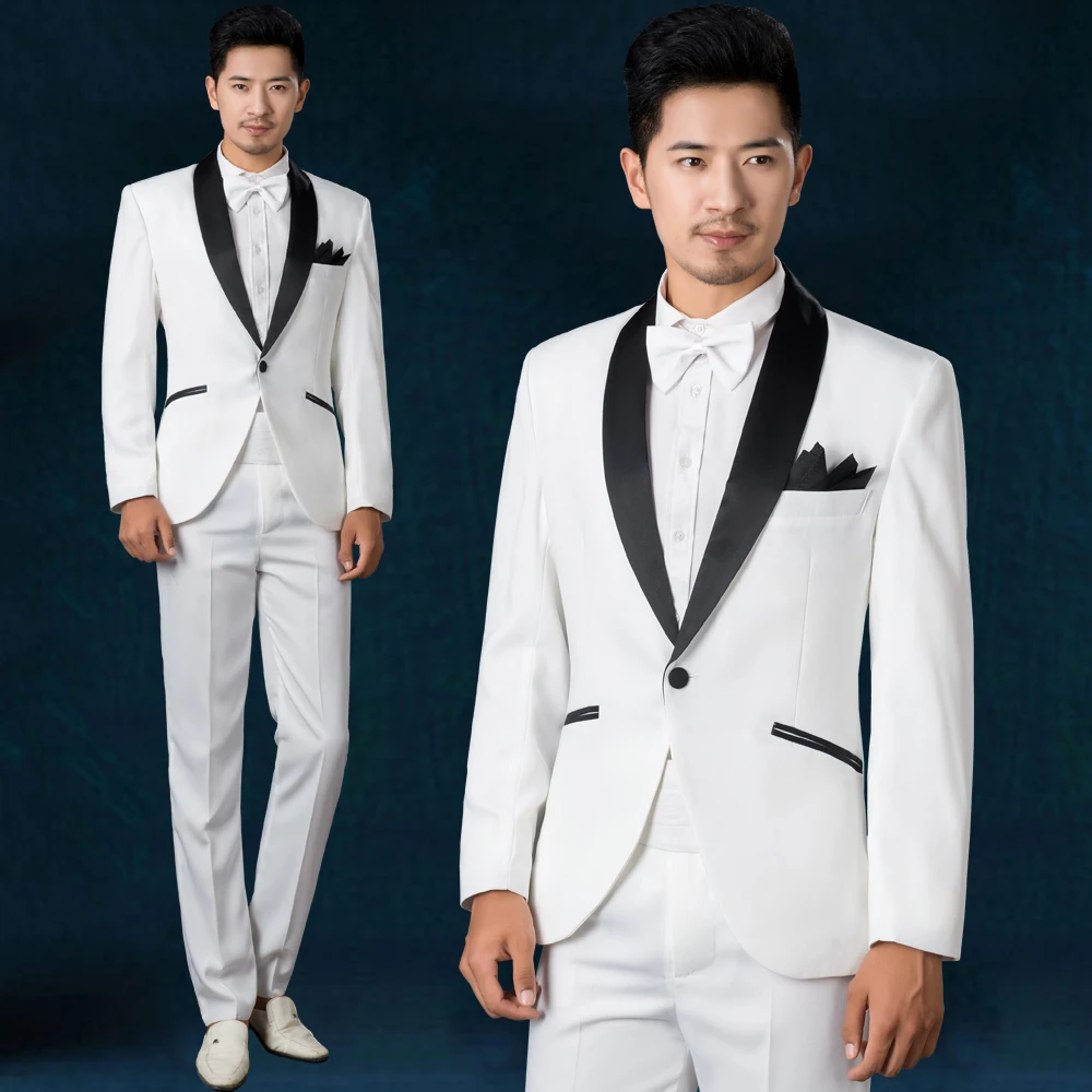 New Fashion White Jacket Black Pants Double Breasted Men's Wedding