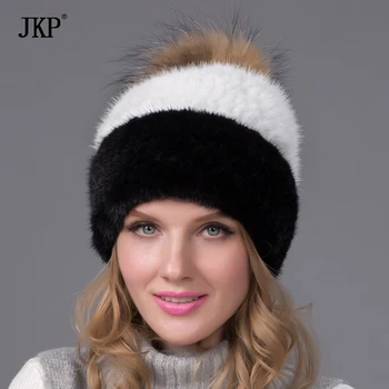 

JKP Real Natural mink fur cap raccoon fur pom pom hat Beanies winter knitted Hats For women